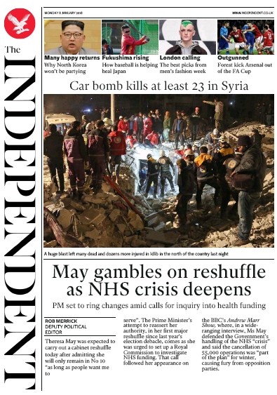 The Independent Newspaper Front Page for 8 January 2018