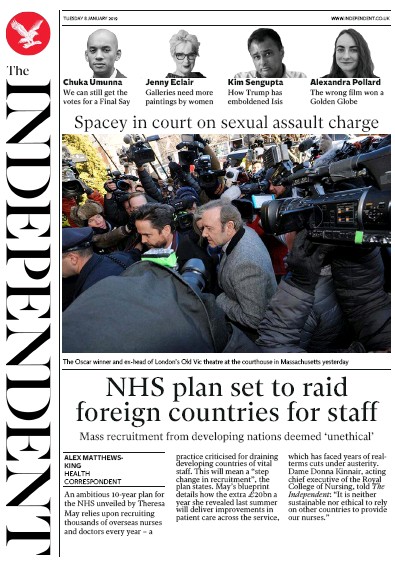 The Independent Newspaper Front Page for 8 January 2019