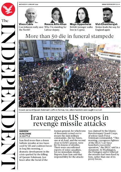 The Independent Newspaper Front Page for 8 January 2020