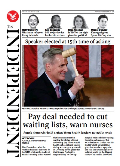 The Independent (UK) Newspaper Front Page for 8 January 2023