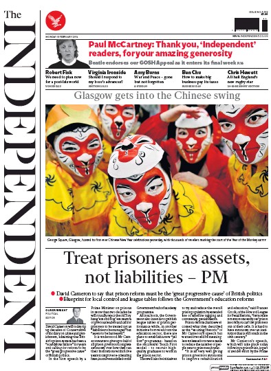 The Independent Newspaper Front Page for 8 February 2016
