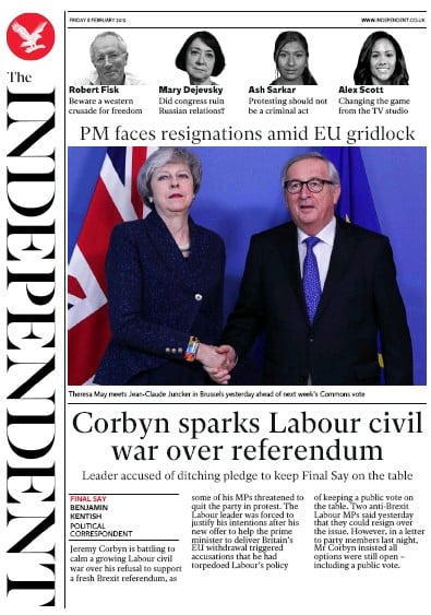 The Independent Newspaper Front Page for 8 February 2019