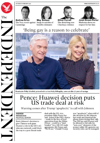 The Independent Newspaper Front Page for 8 February 2020
