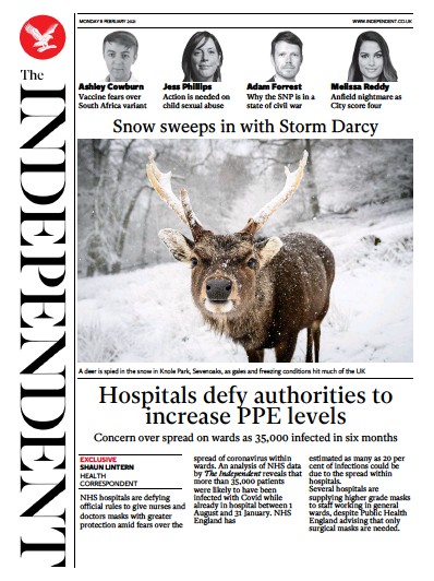 The Independent Newspaper Front Page for 8 February 2021