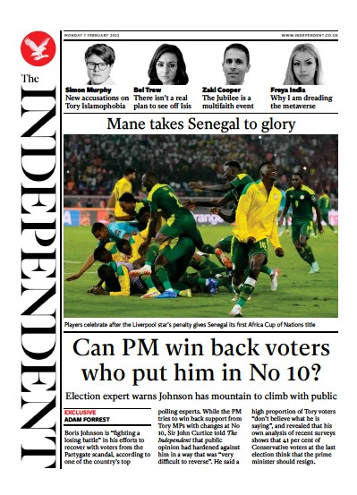 The Independent Newspaper Front Page for 8 February 2022