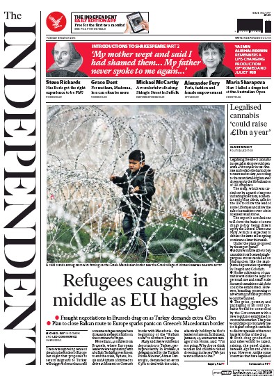 The Independent (UK) Newspaper Front Page for 8 March 2016