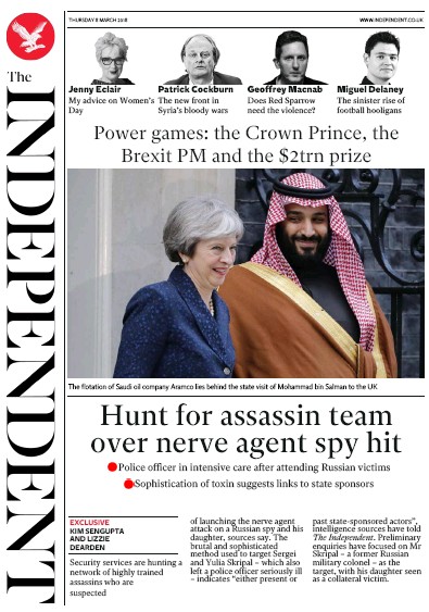 The Independent (UK) Newspaper Front Page for 8 March 2018