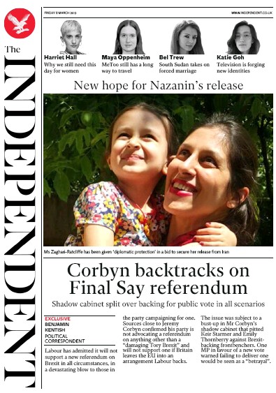 The Independent Newspaper Front Page for 8 March 2019
