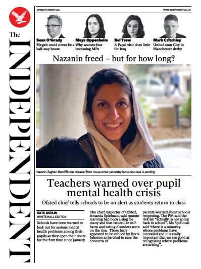 The Independent (UK) Newspaper Front Page for 8 March 2021