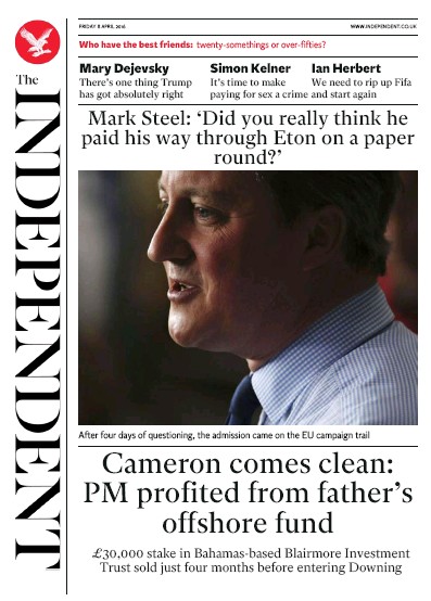 The Independent Newspaper Front Page for 8 April 2016