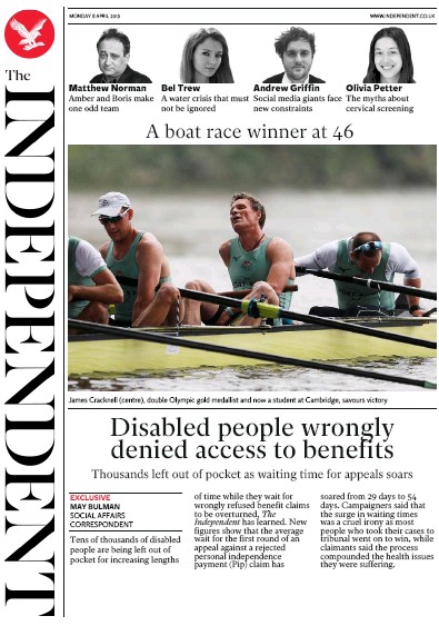 The Independent Newspaper Front Page for 8 April 2019