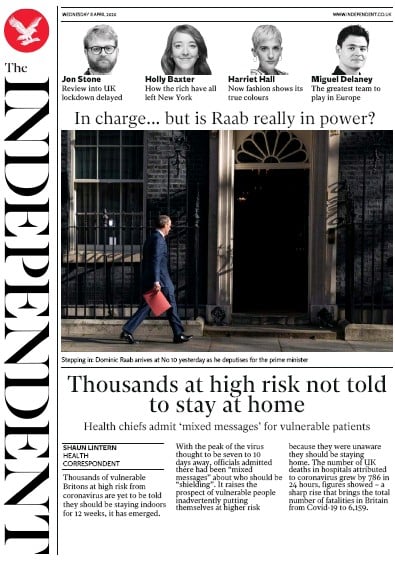 The Independent Newspaper Front Page for 8 April 2020