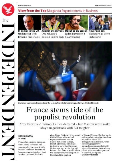 The Independent Newspaper Front Page for 8 May 2017