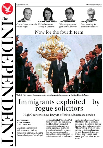 The Independent (UK) Newspaper Front Page for 8 May 2018