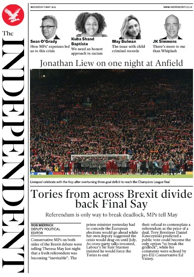 The Independent Newspaper Front Page for 8 May 2019