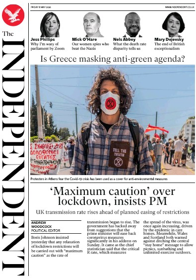 The Independent (UK) Newspaper Front Page for 8 May 2020