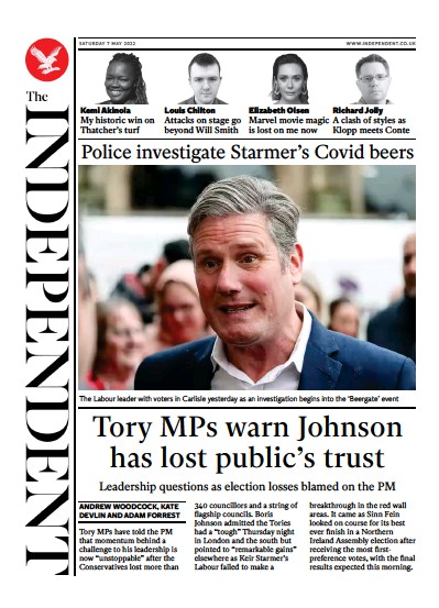 The Independent (UK) Newspaper Front Page for 8 May 2022