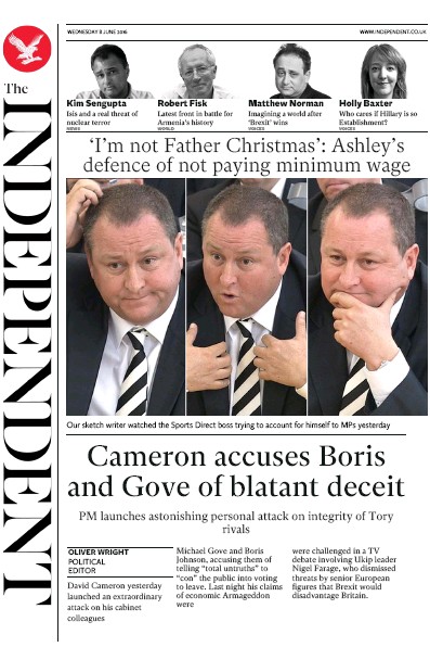The Independent (UK) Newspaper Front Page for 8 June 2016