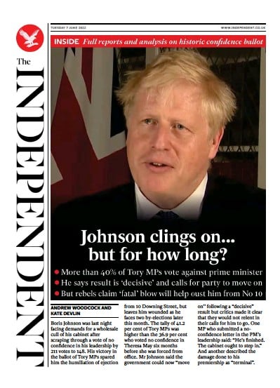 The Independent (UK) Newspaper Front Page for 8 June 2022