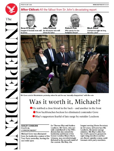 The Independent Newspaper Front Page for 8 July 2016