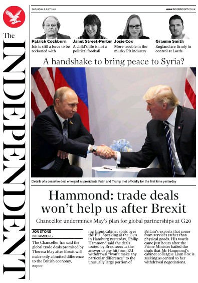 The Independent Newspaper Front Page for 8 July 2017