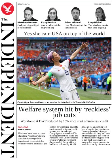 The Independent Newspaper Front Page for 8 July 2019