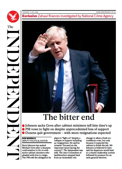The Independent Newspaper Front Page for 8 July 2022