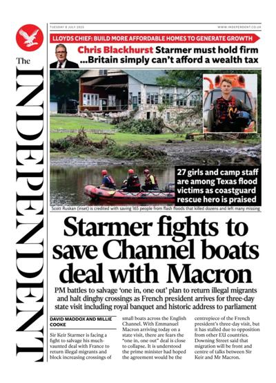 The Independent (UK) Newspaper Front Page for 8 July 2025