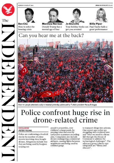 The Independent Newspaper Front Page for 8 August 2016