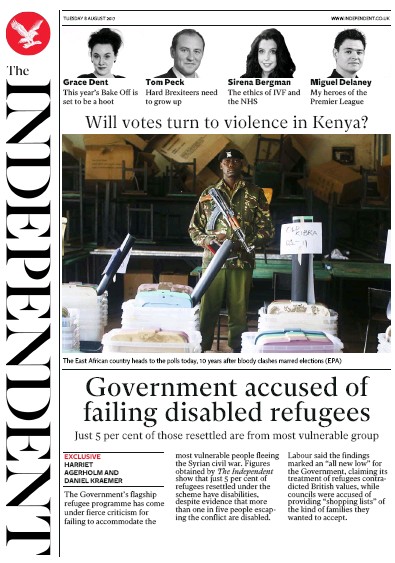 The Independent Newspaper Front Page for 8 August 2017