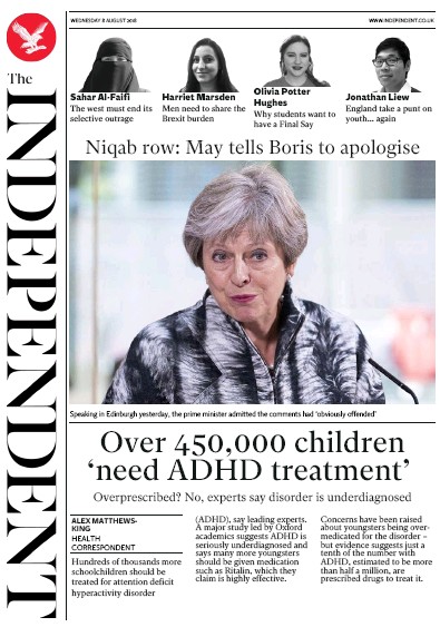The Independent Newspaper Front Page for 8 August 2018
