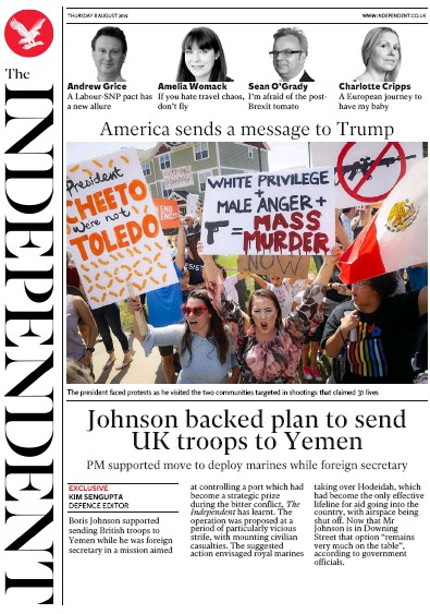 The Independent Newspaper Front Page for 8 August 2019