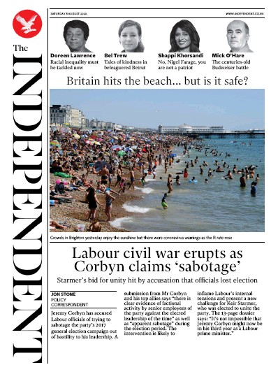 The Independent Newspaper Front Page for 8 August 2020