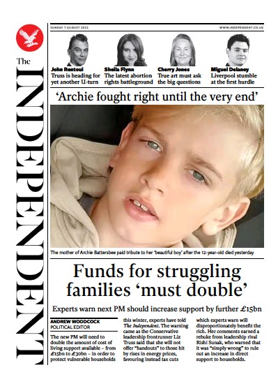 The Independent (UK) Newspaper Front Page for 8 August 2022