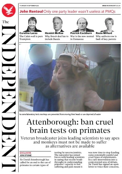 The Independent Newspaper Front Page for 8 September 2016