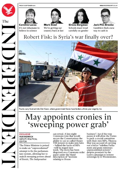 The Independent Newspaper Front Page for 8 September 2017