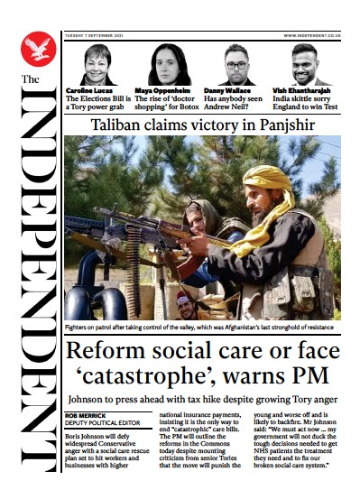 The Independent (UK) Newspaper Front Page for 8 September 2021