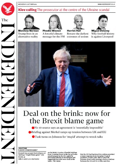The Independent Newspaper Front Page for 9 October 2019