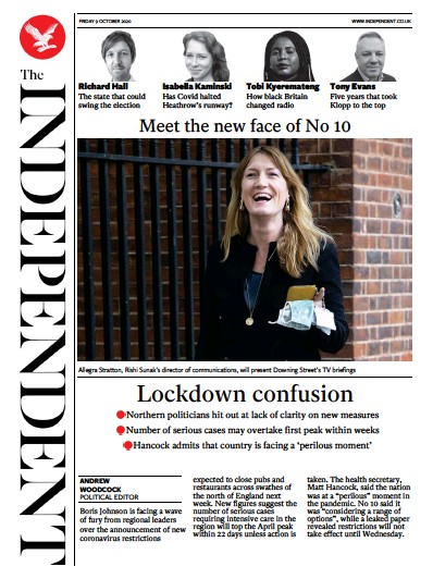 The Independent Newspaper Front Page for 9 October 2020