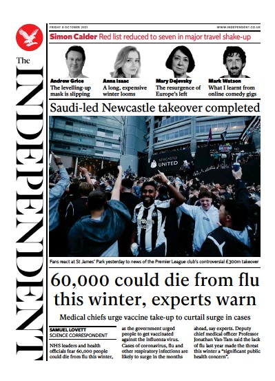 The Independent (UK) Newspaper Front Page for 9 October 2021