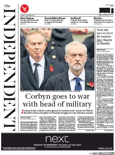 The Independent Newspaper Front Page for 9 November 2015