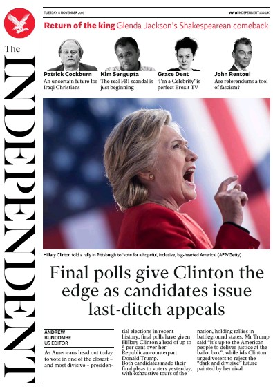 The Independent Newspaper Front Page for 9 November 2016