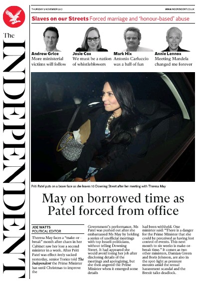 The Independent Newspaper Front Page for 9 November 2017