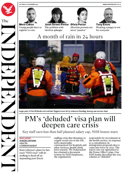The Independent Newspaper Front Page for 9 November 2019