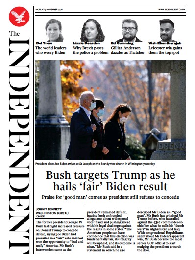 The Independent Newspaper Front Page for 9 November 2020