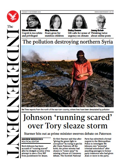The Independent (UK) Newspaper Front Page for 9 November 2021