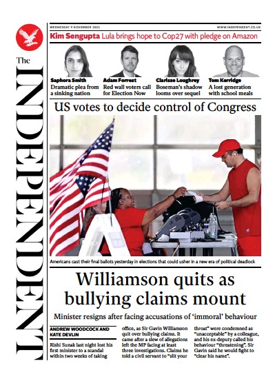 The Independent (UK) Newspaper Front Page for 9 November 2022