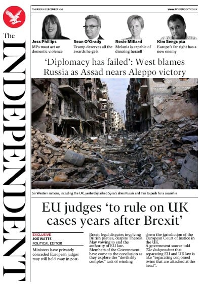 The Independent Newspaper Front Page for 9 December 2016