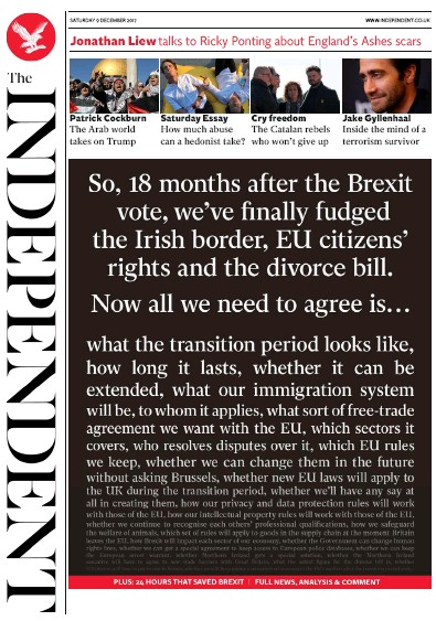 The Independent Newspaper Front Page for 9 December 2017