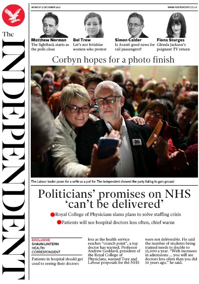 The Independent Newspaper Front Page for 9 December 2019